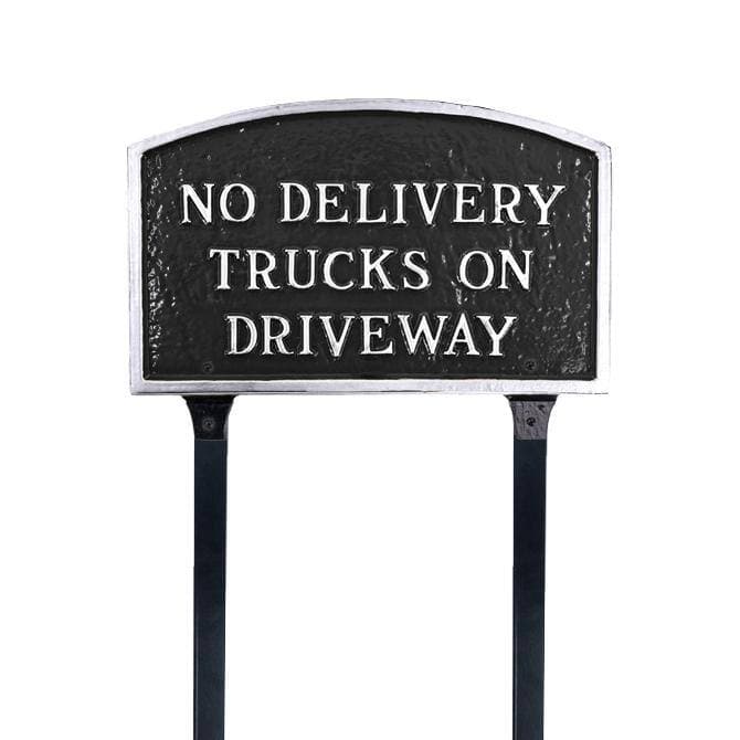 Montague Metal Products No Delivery Trucks on Driveway Standard Arch Statement Plaque with 17.5 in. Lawn Stakes-Black/Silver (2)