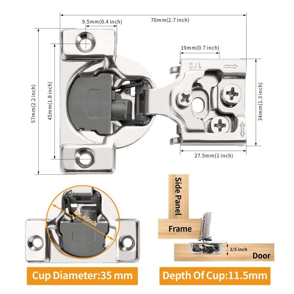 Numhew 50-Pack 1/2 in. Overlay 3D Adjustable Soft Close Concealed Hinge, Satin Nickel Finish for Cabinet Doors (2)
