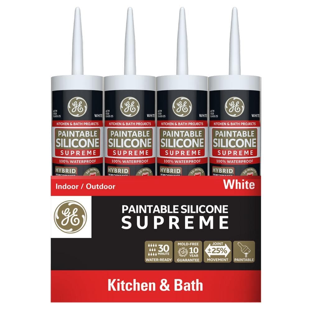 GE Paintable Supreme Silicone Caulk 9.5 oz Kitchen and bath Sealant White (12-pack)