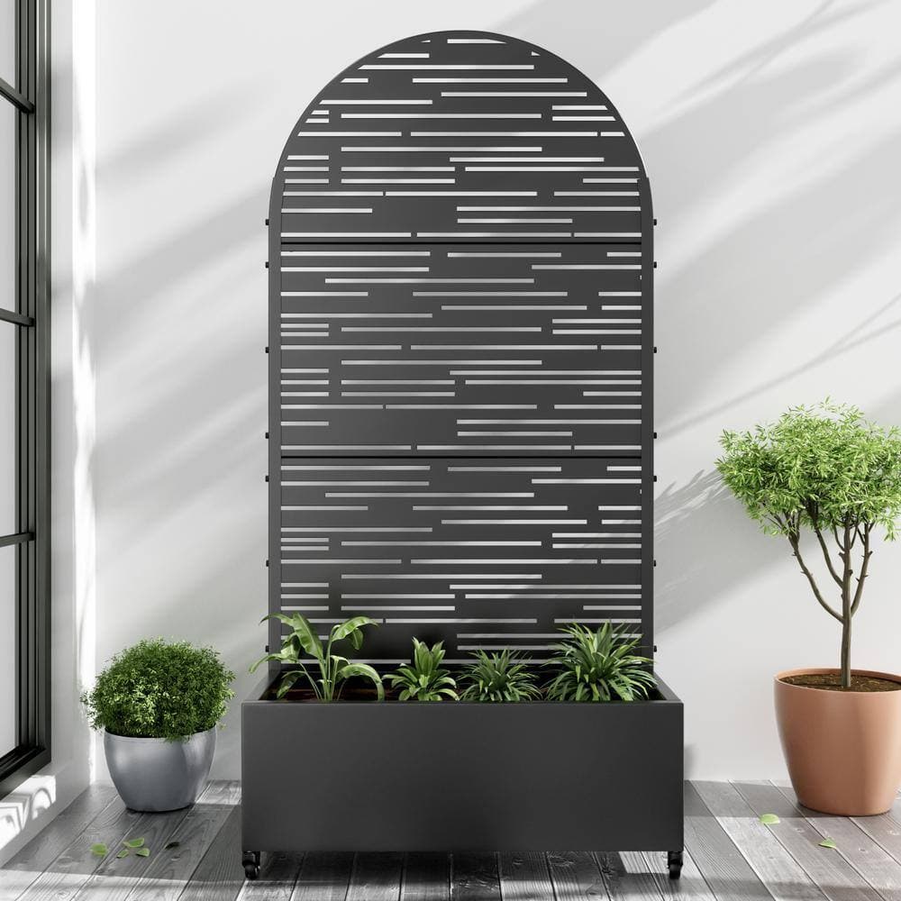 Unbranded 72 in. x 35 in. Arch Black Outdoor Metal Privacy Screen Raised Planter Box Wall Decor (2)