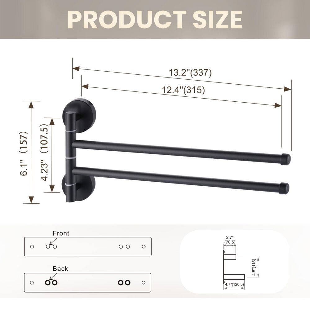 VEVETTA Stainless Steel 12.4 in. Wall Mounted 2-Swivel Arms Towel Bar in Matte Black (2)