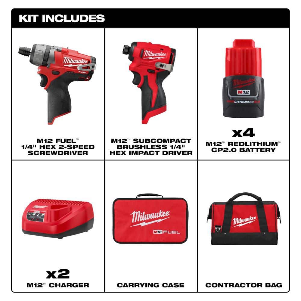 Milwaukee M12 FUEL 12V Lithium-Ion Brushless Cordless 1/4 in. Hex 2-Speed Screwdriver Kit W/(2) 2.0h Batteries,& Impact Driver Kit (2)