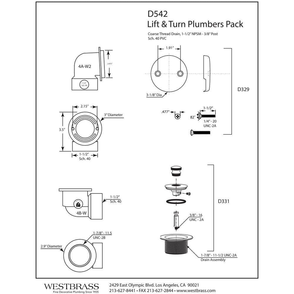 Westbrass Sch. 40 PVC 1-1/2 in. Course Thread Plumber's Pack Twist Close Bathtub Drain with Two-Hole Elbow (2)