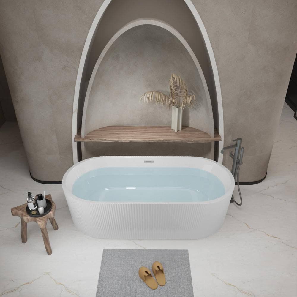Vomlor 59 in. x 30 in. Acrylic Freestanding Soaking Bathtub in Glossy White with Toe-Tap Chrome Center Drain, CUPC Certified (2)