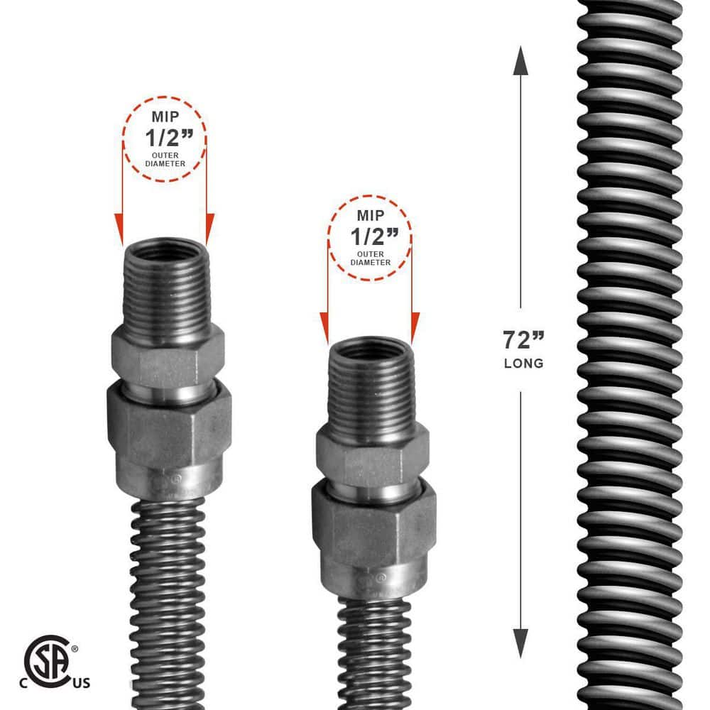 PLUMBFLEX 5/8 in. OD x 1/2 in. ID x 6 ft. Gas Connector Stainless Steel for Gas Range, Furnace, Stove, 1/2 in. MIP x MIP Fittings (2)
