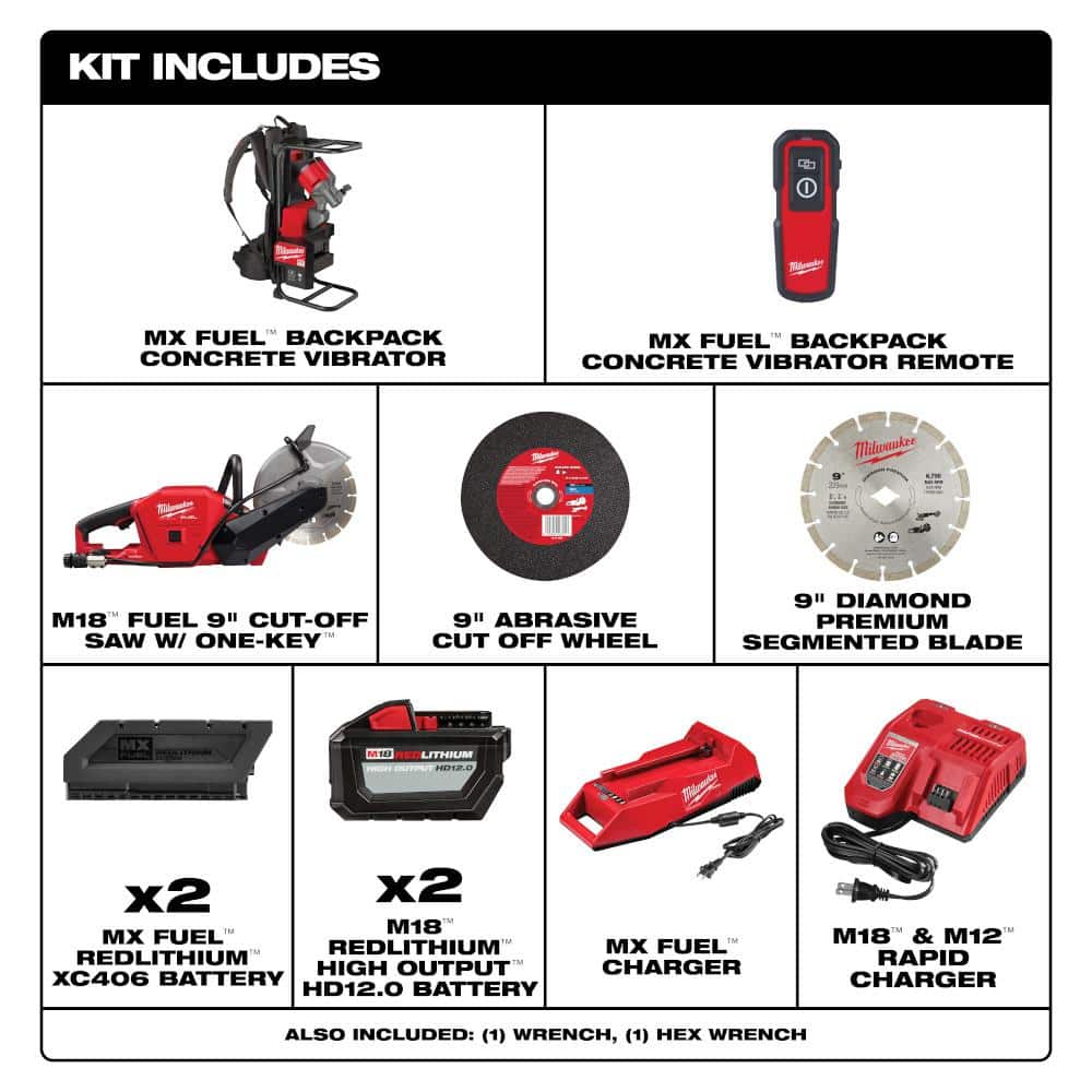Milwaukee MX FUEL Lithium-Ion Cordless Concrete Vibrator Kit with M18 FUEL ONE-KEY 9 in. Cut Off Saw Kit (2)