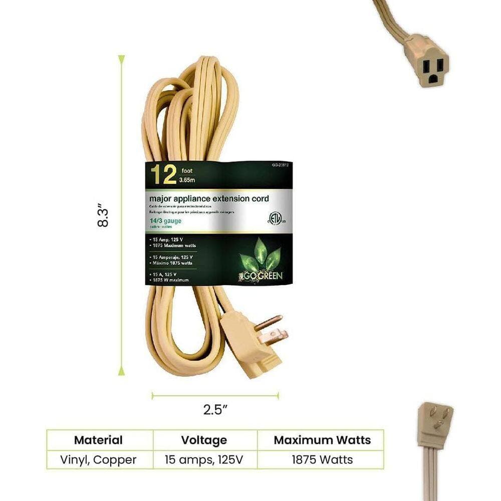 GoGreen Power (G-25612-4) 12 ft. 14/3 Indoor Appliance Extension Cord, Beige, 4 PACK (2)