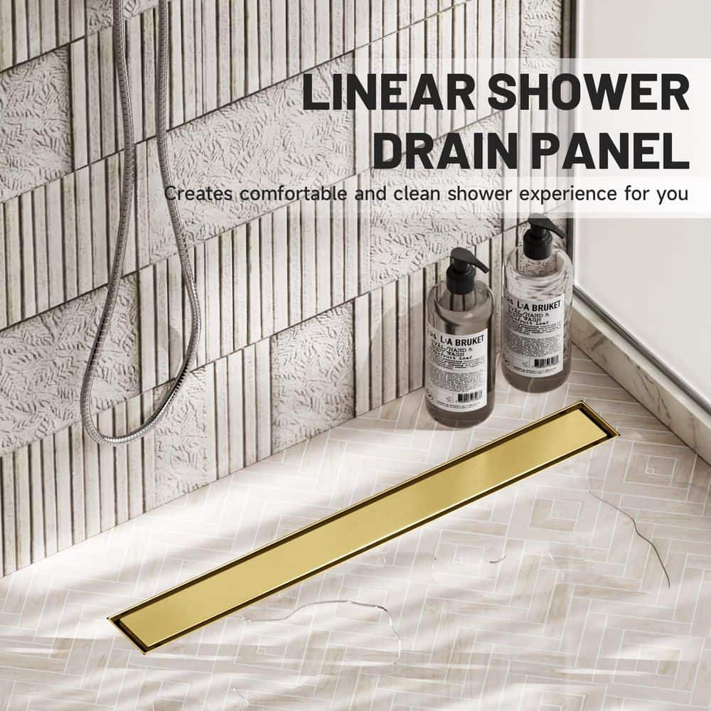 HOMEMYSTIQUE 24 in. Linear Shower Drain, Square Grid Pattern 304 Stainless Steel Floor Drain w/Hair Strainer, Brushed Gold (2)