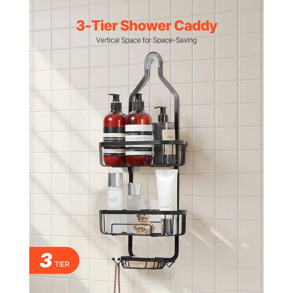 VEVOR Shower Caddy, 3-Tier Hanging Storage Shelves Rack Set, with Soap Holder and Hooks, 40 lbs. Large Weight Capacity, Black (2)