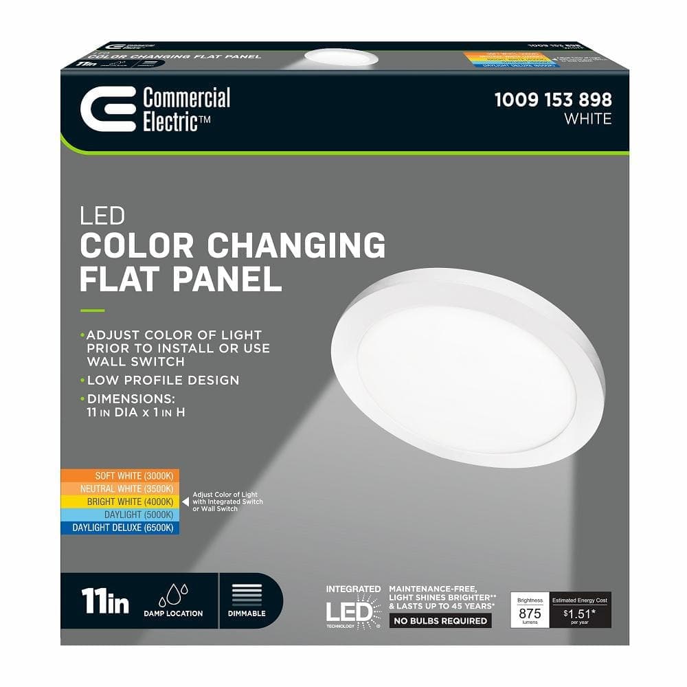 Commercial Electric 11 in. 12.5-Watt Dimmable White Integrated LED 875 Lumens Round Flat Panel Flush Mount Ceiling Light Color Change 5CCT (4)