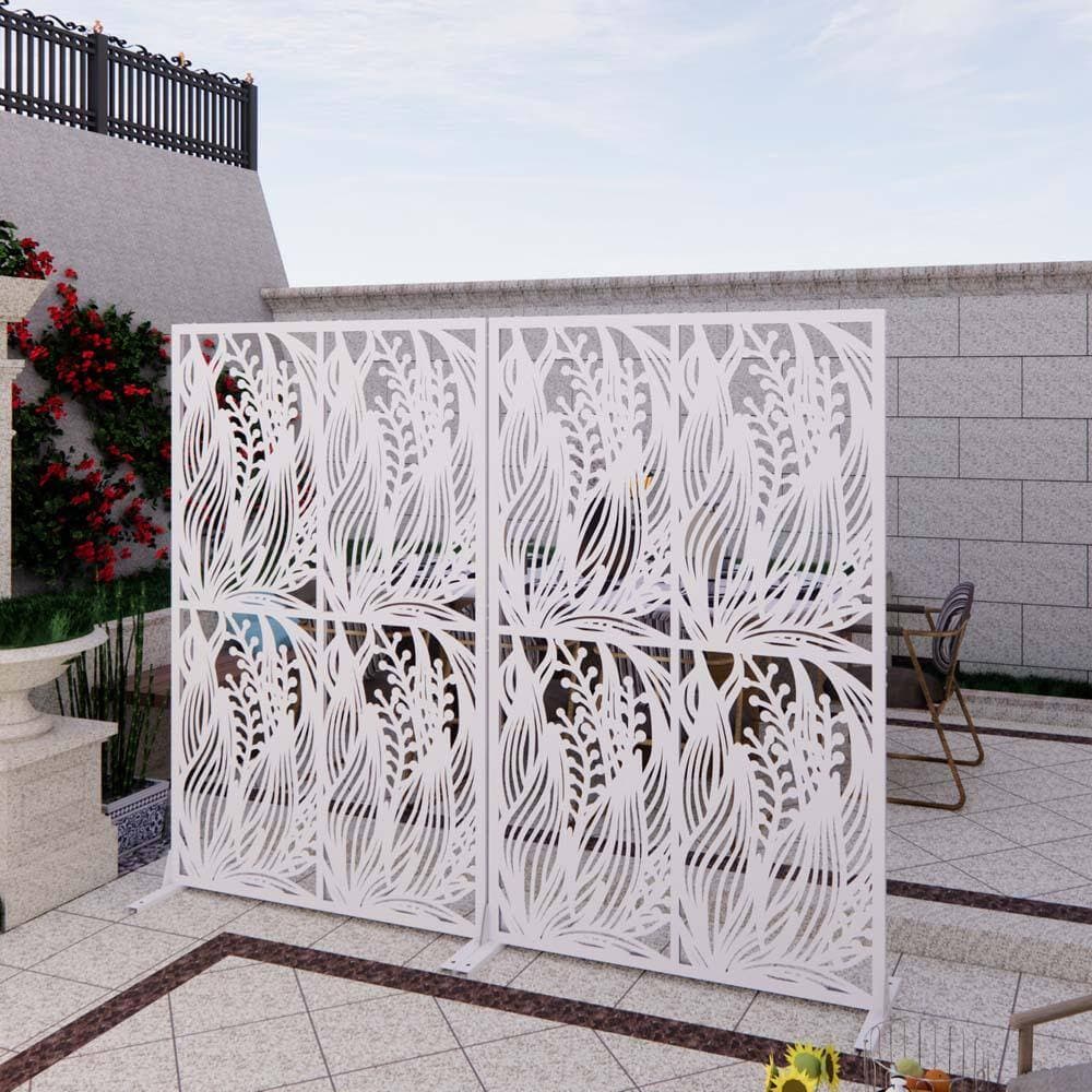 Unbranded 72 in.H x 45.3 in. W White Metal Privacy Screen Outdoor Decorative Laser Cut Garden Divider Panel with Leaf Design (2)