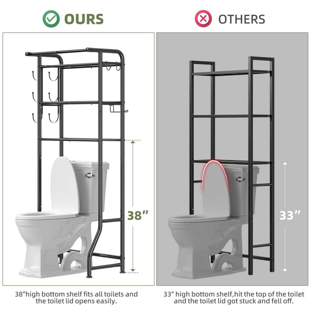 Numhew 1-Piece Metal 3 Tier Simple Trending Over The Toilet Storage Cabinet Bathroom Shelf Organizer with Paper Holder in Black (2)