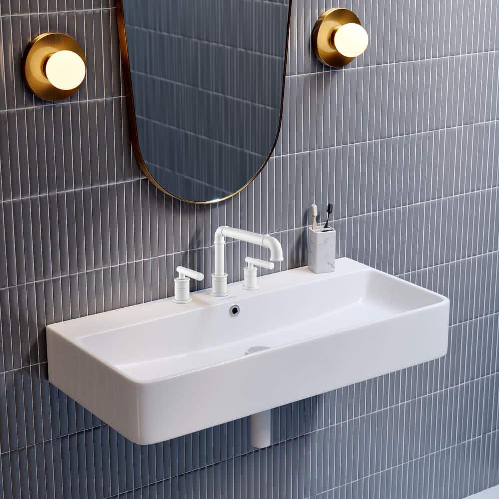 Swiss Madison Carre 36 in. W x 16 in. D x 6 in. H Wall-Mount Ceramic White Bathroom Sink with 8 in. Widespread Holes (1)