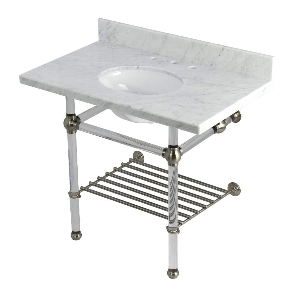 Kingston Brass Templeton 36 in. Marble Console Sink with Acrylic Legs in Carrara Marble Brushed Nickel
