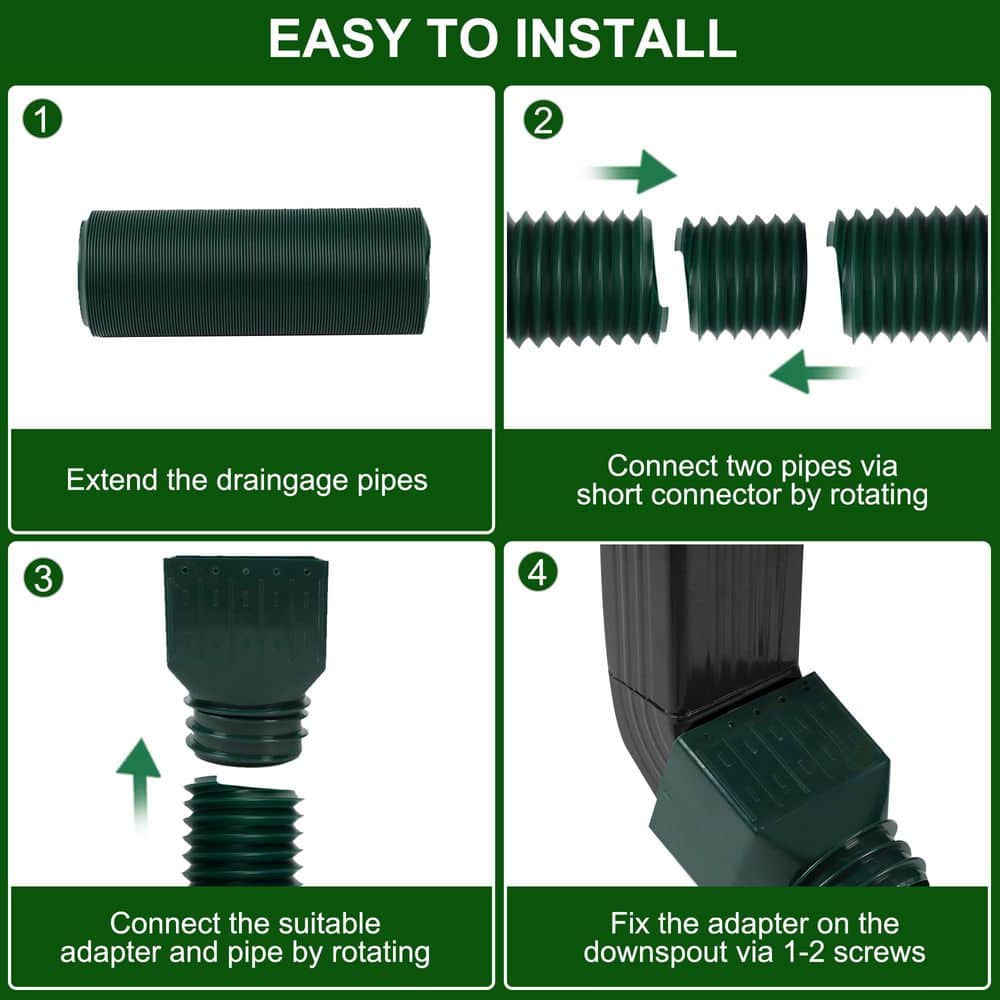 Helhom 2 Pack Green 2 in. x 1.67 ft. Rain Gutter Downspout Extensions, Flexible Corrugated Drain Pipe for Rainwater Drainage (3)