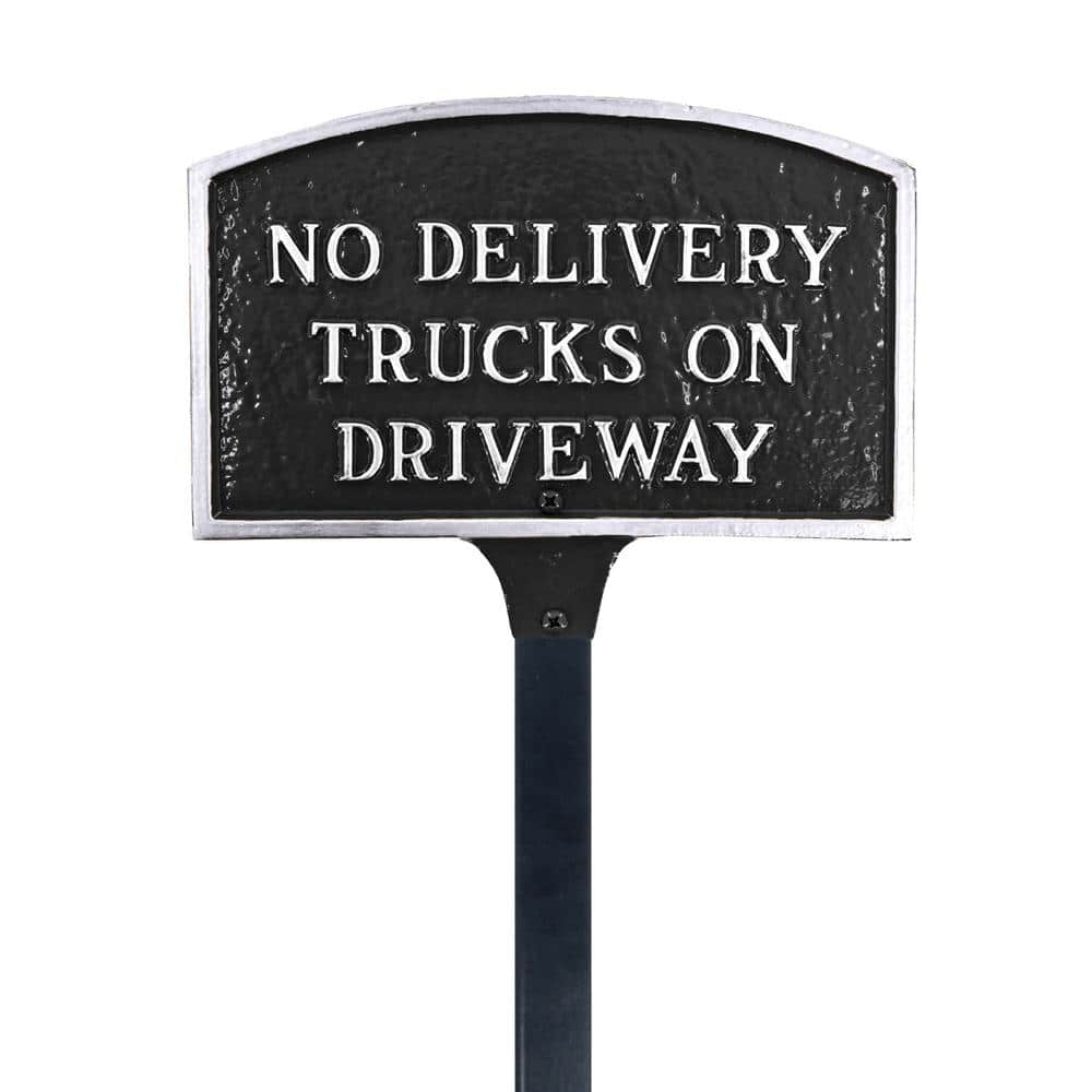 Montague Metal Products No Delivery Trucks on Driveway Standard Arch Statement Plaque with 17.5 in. Lawn Stakes-Black/Silver (1)
