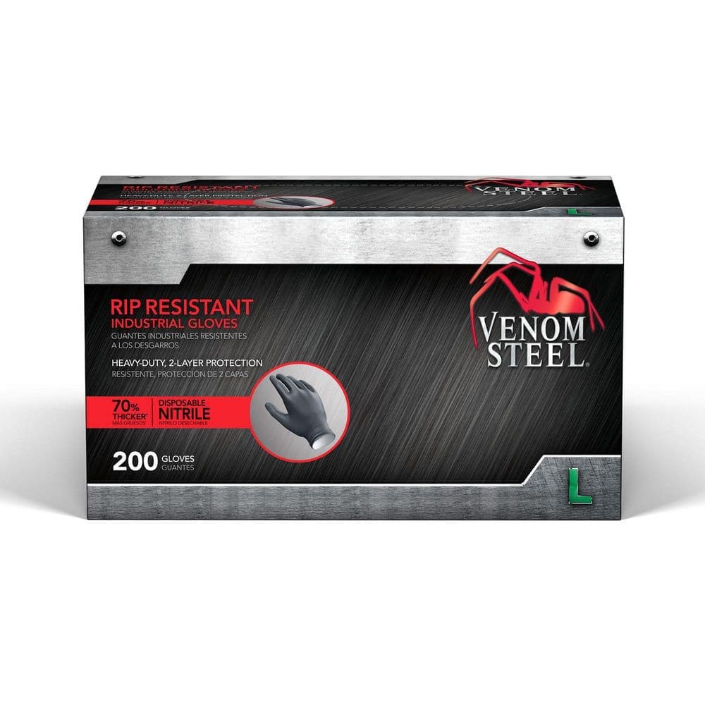 Venom Steel Rip-Resistant Black 2-Layer Disposable Nitrile Gloves, Large (200-Count)