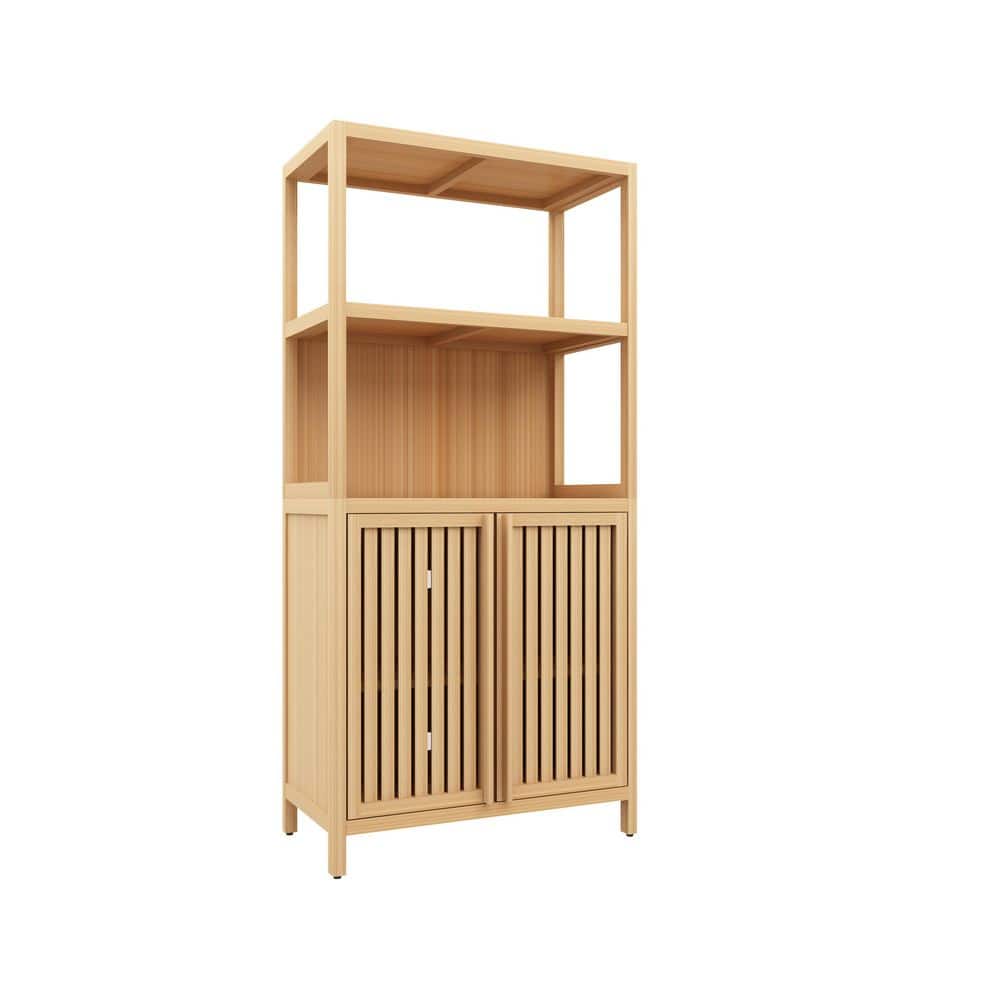 Siavonce 13 in. W x 25 in. D x 52 in. H Bamboo Floor-standing Linen Cabinet with Double Doors and Two Open Shelves, Neutral (1)