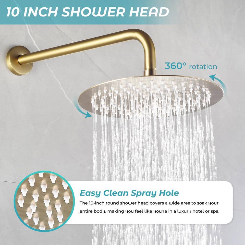 AKLFGN Single Handle 2-Spray 10 in Round Shower Faucet 2.5 GPM with 360° Swivel in. Brushed Gold (3)