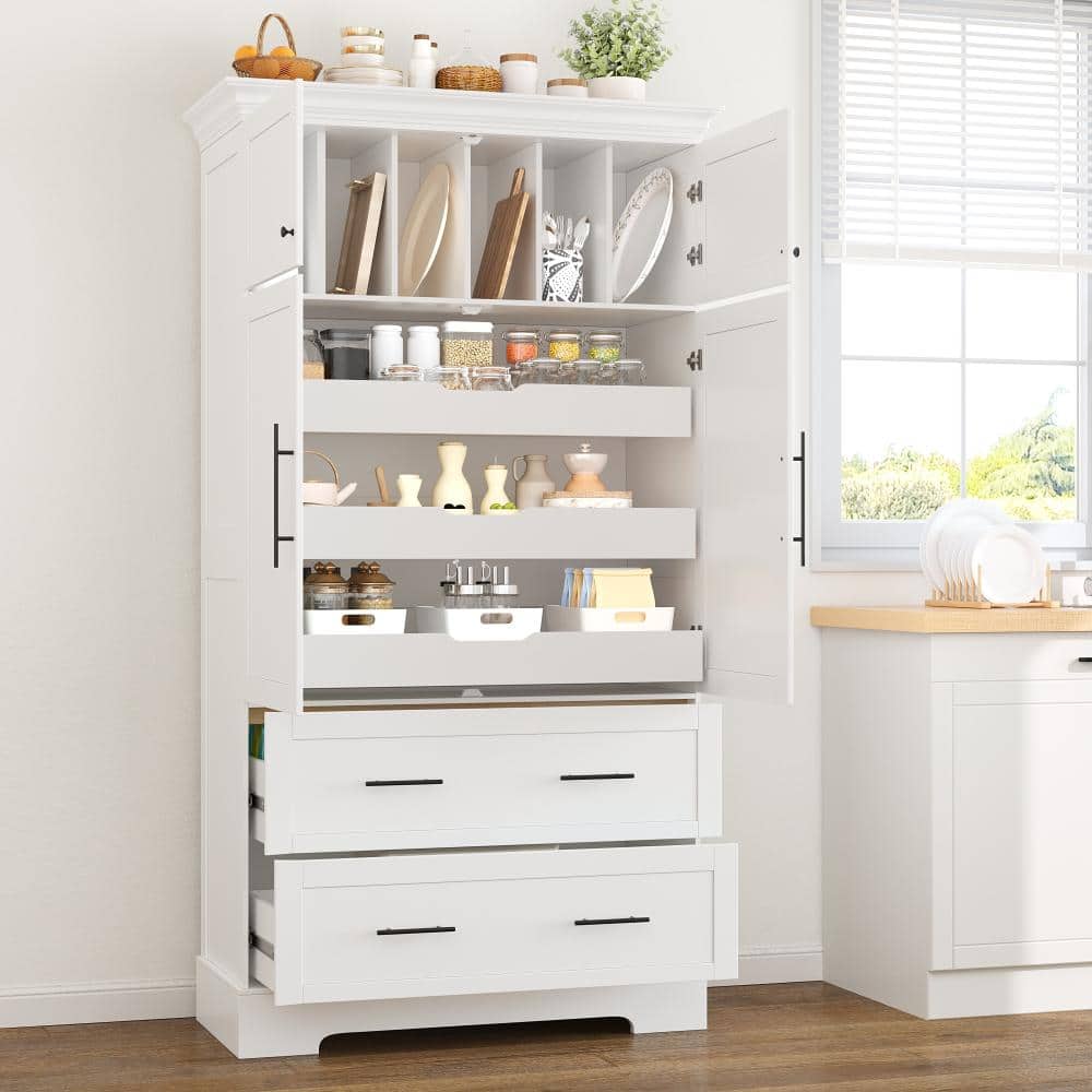 COWLOWN 40 in. W x 18 in. D x 72.6 in. H White Linen Cabinet with Pull-out Trays, Drawers and Cake Pan Storage Organizer (2)