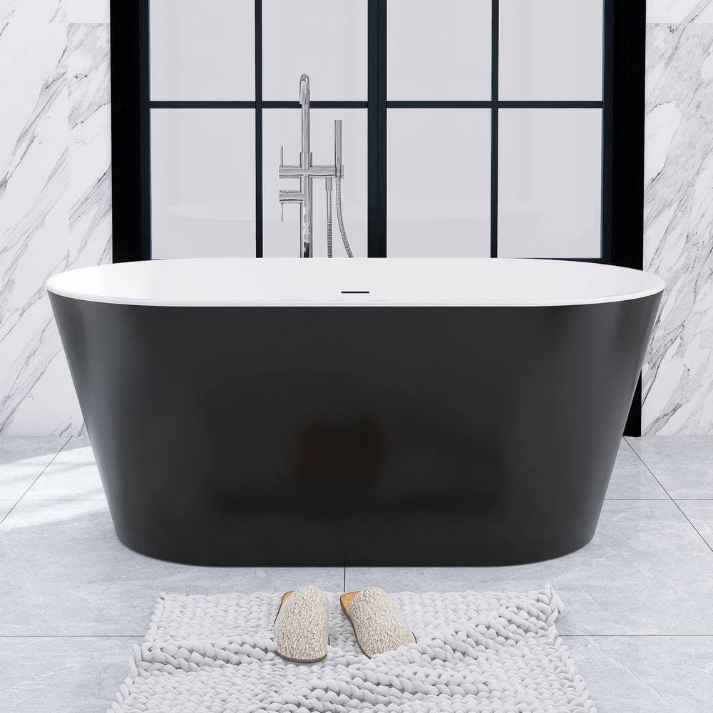 Unbranded 55 in. x 28 in. Acrylic Soaking Bathtub in Gloss Black with Center Drain in Polished Chrome (3)