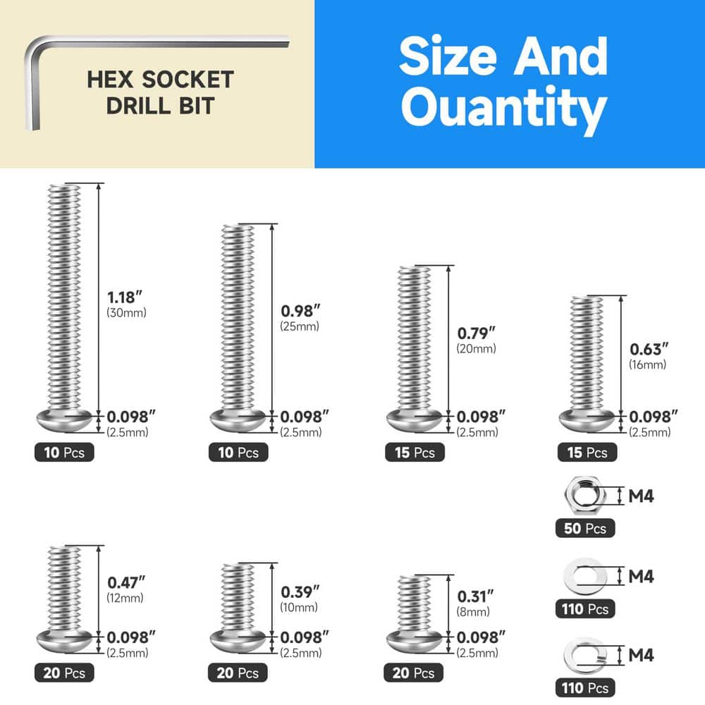 MarySino 380-Pieces M4 Screw Nuts and Bolts Assortment Kit 304 Stainless Steel Button Head Hex Socket Cap Metric Screws Bolts (2)