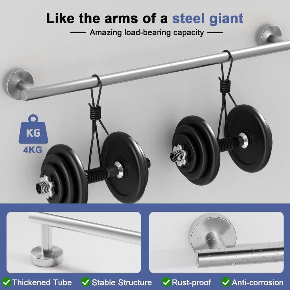 Unbranded 18 in. Single Brushed Nickel SUS304 Stainless Steel Bathroom Towel Bar Wall Mounted Round Drill Install (3)