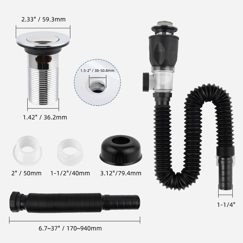 Helhom 1-Pack Bathroom Sink Drain Kit, Flexible P Trap Pipe with Pop Up Stopper, Expandable Replacement Tube with Adapters (2)