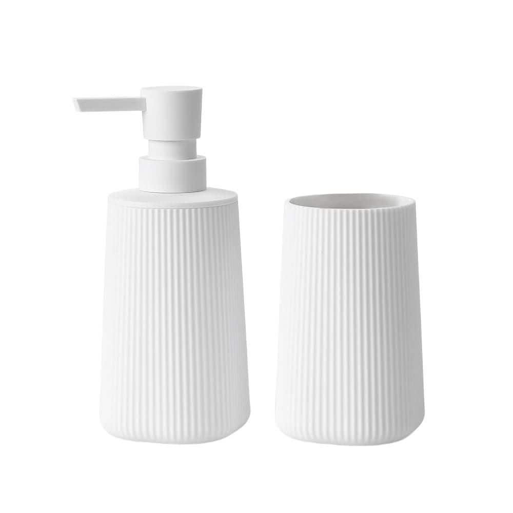 Numhew 2-Piece Bath Accessory Set with Soap Dispenser and Toothbrush Holder in Striped White for Bathroom and Apartment Vanity