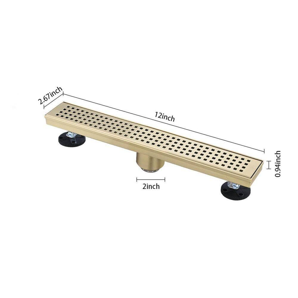 Tahanbath 12 in. Linear Shower Drain with Removable Quadrato Pattern Grate Hair Strainer and Leveling ft. in Brushed Gold (2)
