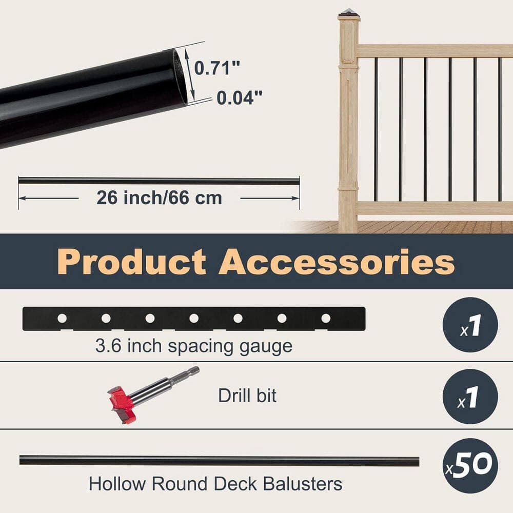 Afoxsos 26 in. H x 0.71 in. W Aluminum Stair Railing Kit Hollow Round Deck Balusters with Drill Bit and Ruler 25-Pack (2)