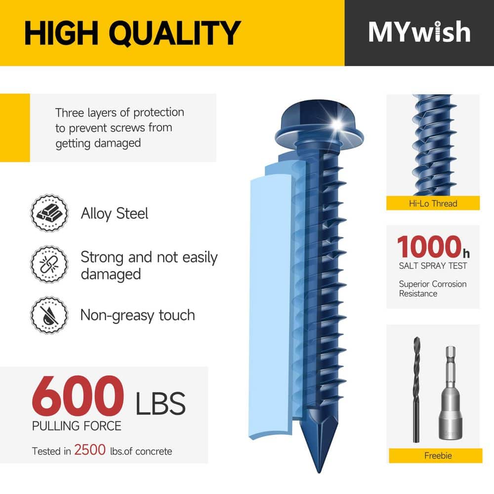 MYWISH 1/4 in. x 1-1/4 in. Carbon Steel Slotted Hex Head Concrete Screws, Blue Corrosion-Resistant Coating (30-Pack) (3)
