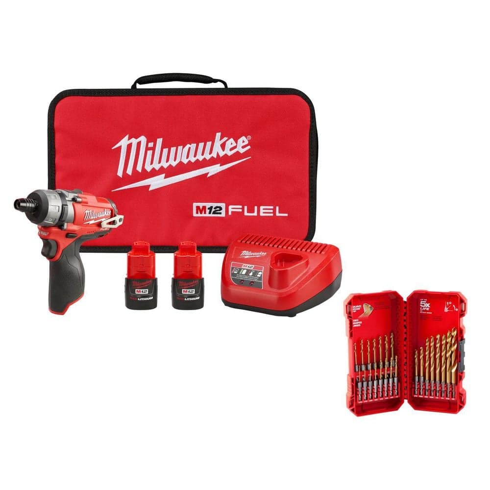 Milwaukee M12 FUEL 12V 1/4 in. Hex 2-Speed Screwdriver Kit w/ (2) 2. 0Ah Batteries, Case with SHOCKWAVE 23-Pc Titanium Set