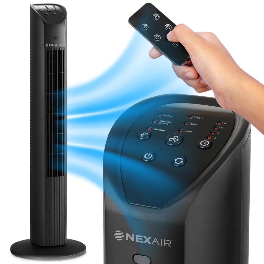 NEXAIR 5 in. 3 Speed Desk Fan 36 in. Black Oscillating Tower Fan Portable, Remote Control, Quiet, 8 Hr Auto Off (2)