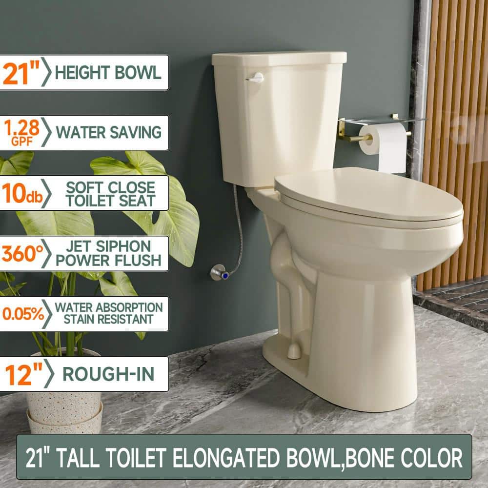 Vomlor Extra Tall Toilet 21 in. 1.28 GPF Single Flush Elongated Tall 2-Piece Toilet in Bone with Quiet-Close Seat for Seniors (2)