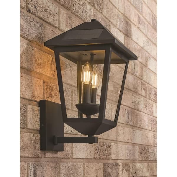 Hampton Bay Everlake 15 in. H Black Outdoor Solar LED Post Light with Wall Sconce and Pier Base Mount