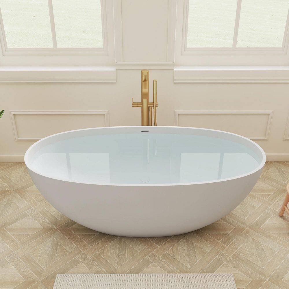 SJ STAR&JANE Ula 61 in. x 29 in. Freestanding Soaking Bathtub Solid Surface Stone Resin Tub with Center Drain in Repose-Gray (3)