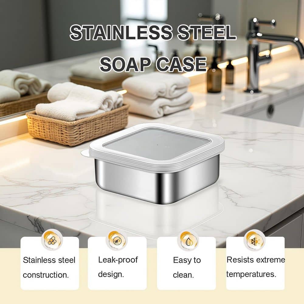Unbranded Silver Stainless Steel Travel Soap Dish with Silicone Lid Draining Bar Soap Case for Shower and Camping (3)