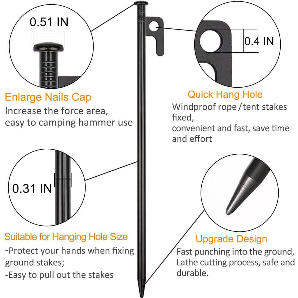 Laybus Heavy Duty 12 in. Forged Steel Tent Stakes 8-Pack for Camping, Unbreakable Camping Pegs for Tents and Canopies (3)
