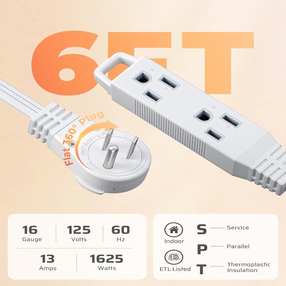 DEWENWILS 6ft. SPT-3,16 Awg /3Conductors Flat Power Cable, Indoor/Outdoor Extension Cord with 3Prong Ultra Thin Strip, White,2pack (2)
