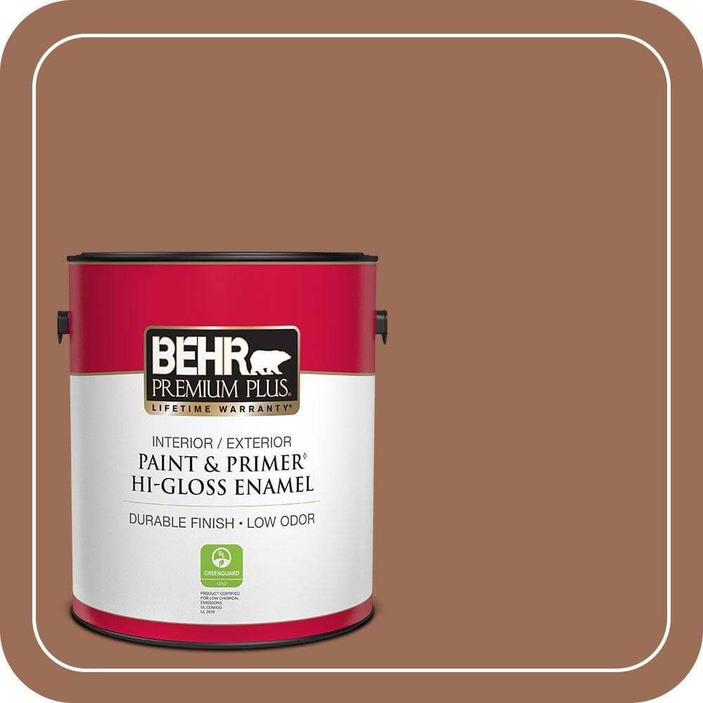 BEHR PREMIUM PLUS 1 gal. #S210-6 Cinnamon Crunch Hi-Gloss Enamel Interior/Exterior Paint & Primer