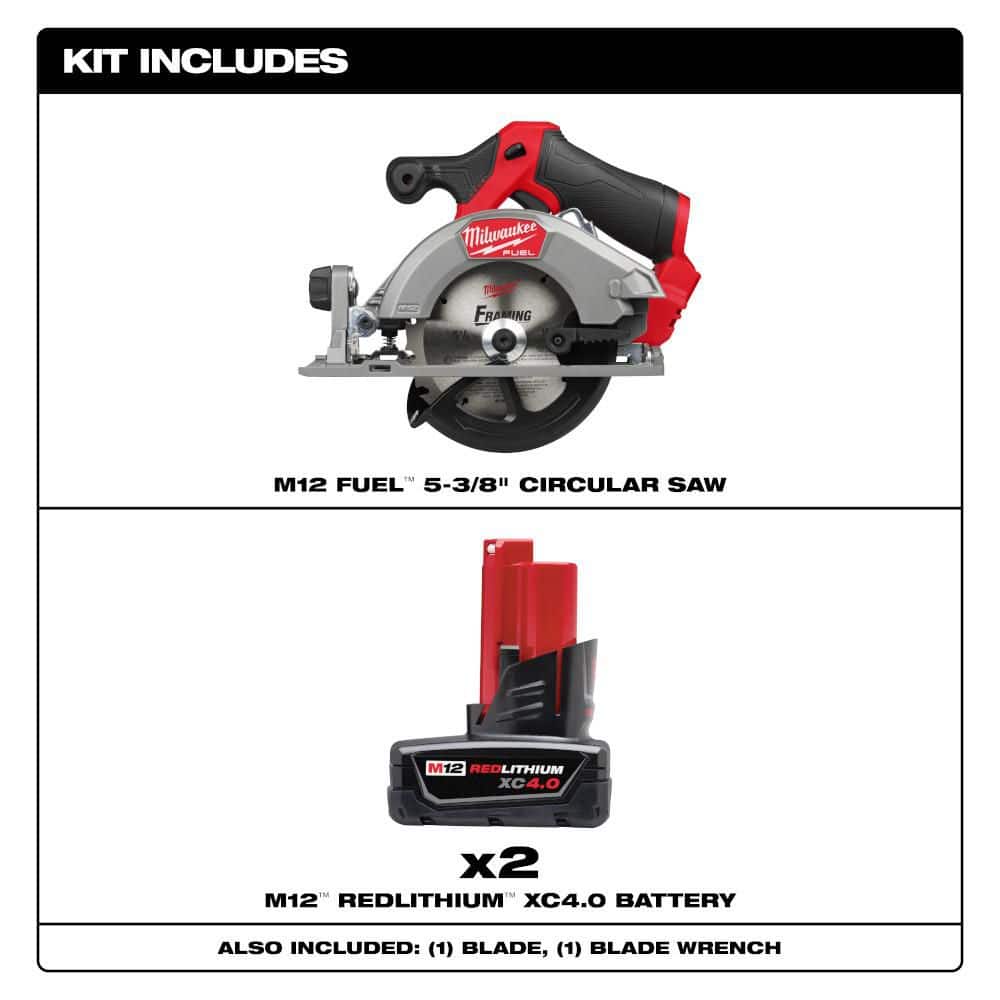 Milwaukee M12 FUEL 12V Lithium-Ion Brushless 5-3/8 in. Cordless Circular Saw, & 4. 0Ah (2-Pack) (2)