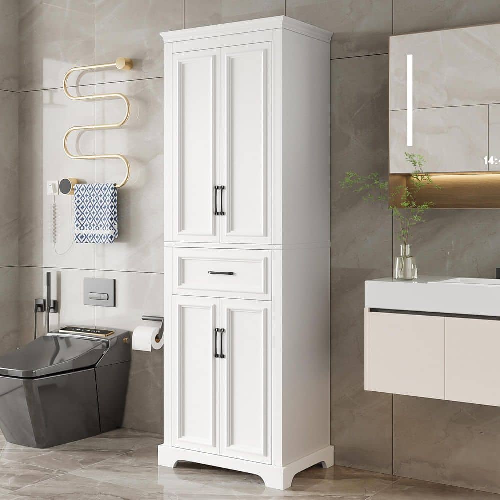 Ximuprmy Modern 24 in. W x 16 in. D x 70.8 in. H White Freestanding Linen Tower Cabinet with Drawers and Adjustable Shelves (2)