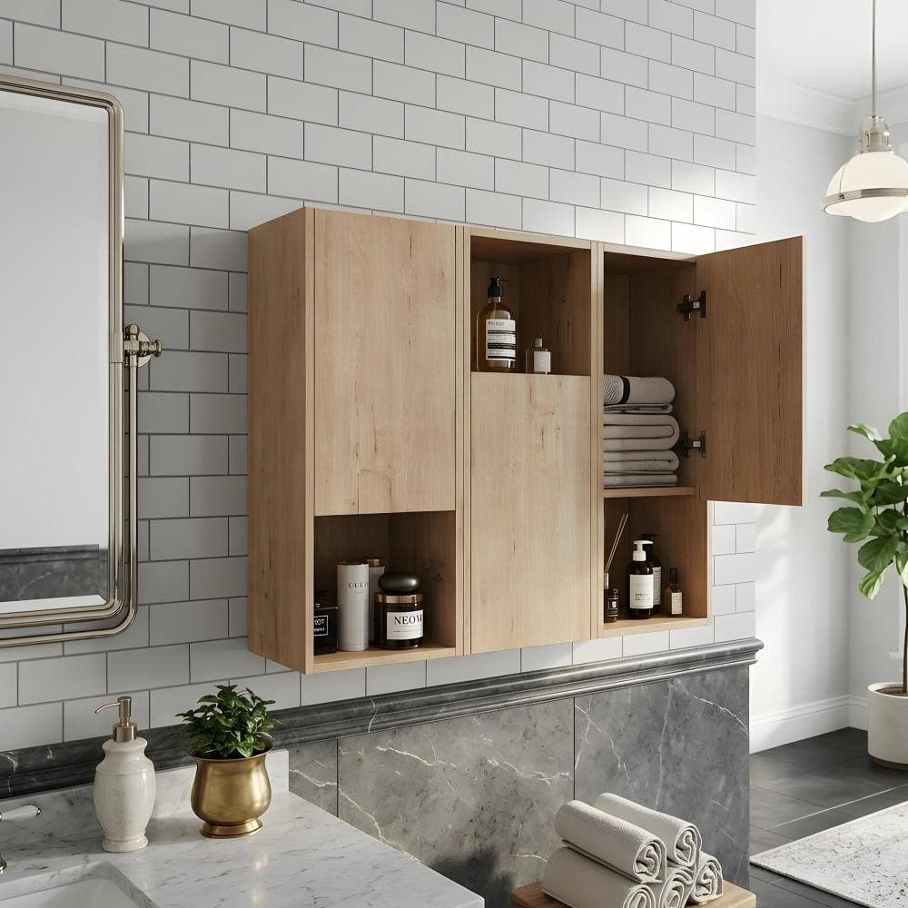 Zuvandra 35.43"W x 9.81"D x 29.5"H Plywood Bathroom Wall Cabinet in Imitative Oak,Open Shelf (3)