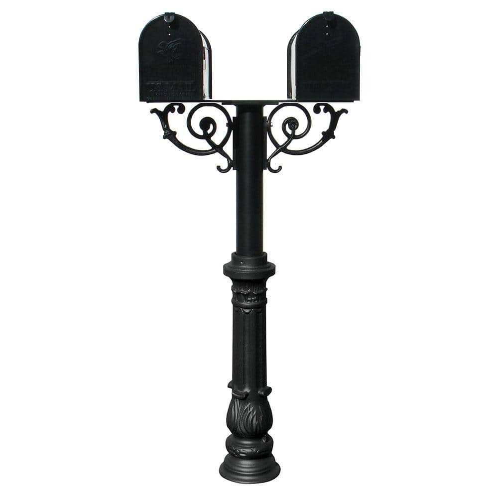 QualArc Hanford Twin Black Post System Non-Locking Mailbox with Scroll Supports, Ornate Base and Two E1 Mailboxes