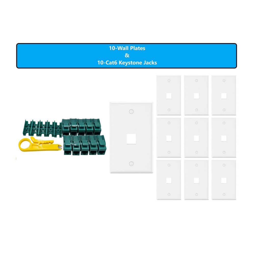 Micro Connectors, Inc 10-Pack 1-Gang White Keystone Plastic Wall Plates 1-Port and 10 Cat 6 RJ45 Keystone Jacks Green (2)
