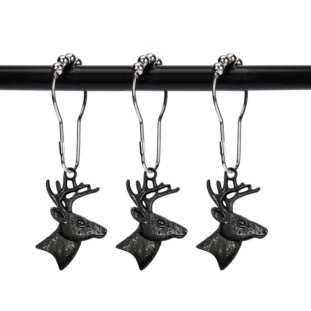 KHKFY Black Set of 12 Deer Shower Curtain Hooks Rings Cabin Decor Reindeer Antlers Stag Woodland Rustproof
