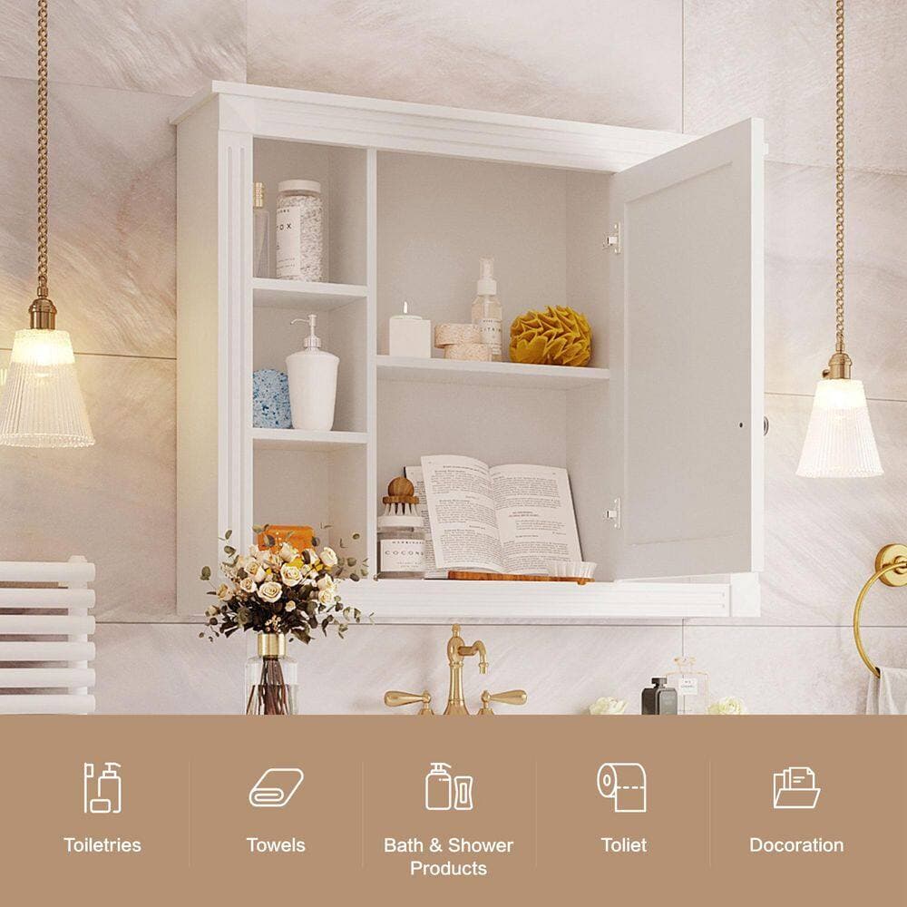Siavonce 7 in. W x 35 in. D x 29 in. H Wall Mounted Bathroom Linen Cabinet with 6-Shelf Open Shelves and Mirror, White (3)