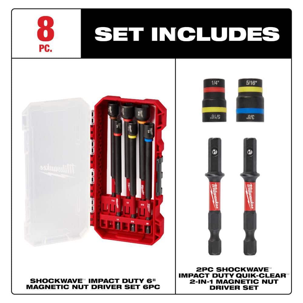 Milwaukee SHOCKWAVE Impact-Duty Quik-Clear 2-In-1 Alloy Steel Magnetic Nut Driver Set (2-Piece) w/ SHOCKWAVE 6 in. Nut Driver Set (3)