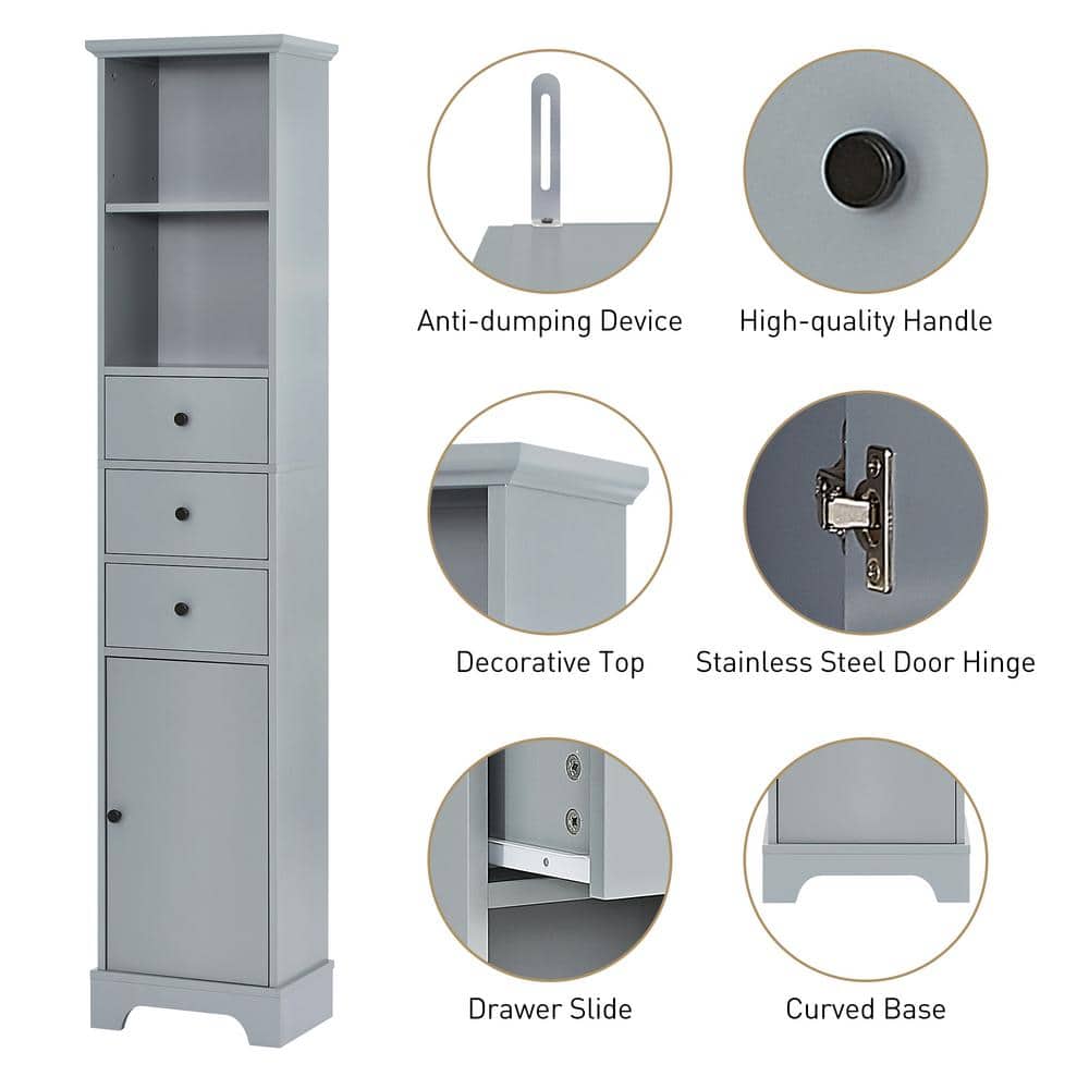 Unbranded 15 in. W x 10 in. D x 68.3 in. H Gray Linen Cabinet Tall Bathroom Cabinet with 3 Drawers and Adjustable Shelf (3)